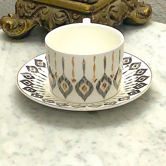 GRACES TEAWARE IKAT FLAT CUP SAUCER SET NEW PORCELAIN SILVER & GOLD - Picture 5 of 11